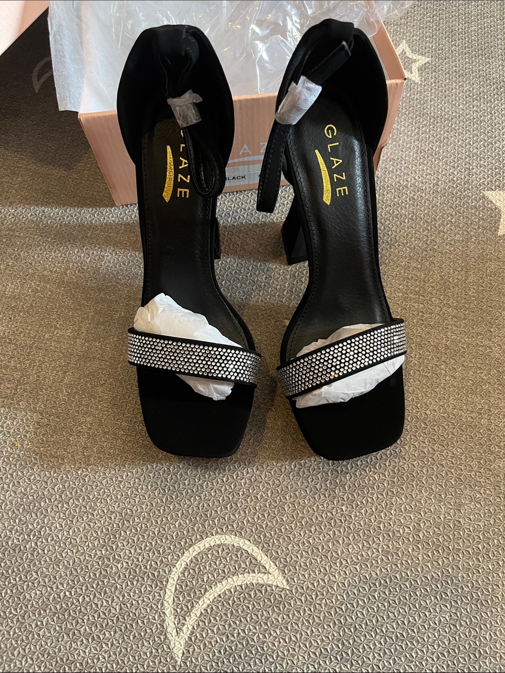 Glaze Black Rhinestone-Embellished Strappy High Heels Size 6.5 New